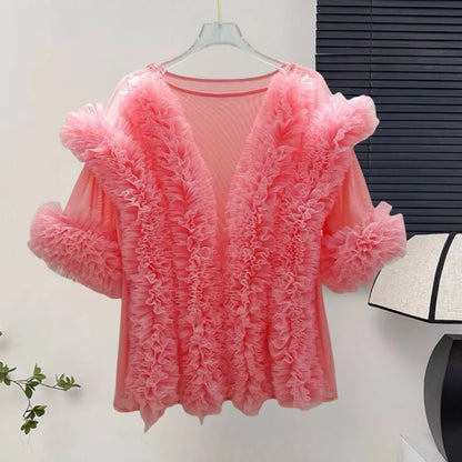 🍒 Mesh ruffle blouse solid color spring summer shirts women elegant fancy occasion tops sweet party fashion vintage clothing v- neck Fluff up In A Ruffy Fluffy