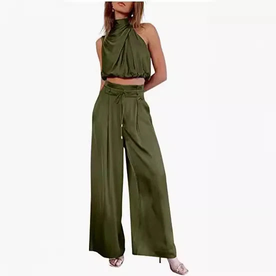 🍒Two piece pant sets for women open navel outfit silky sleeveless tops and wide leg trousers smart casual clothing summer fashion wear club wear party occasion wear 2 piece Sets pop this CROP and get SET for WIDE approval