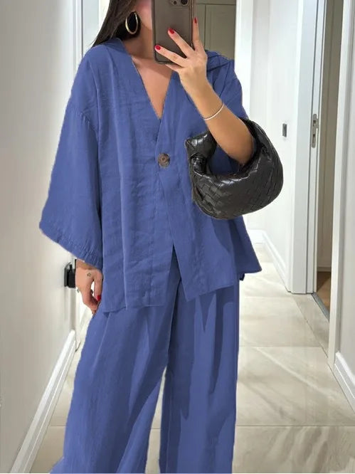 🍒Casual trouser suit for women elegant long sleeve outfit single colour wide leg pants and jacket   set spring summer fashion loose two-piece Partying Pjs