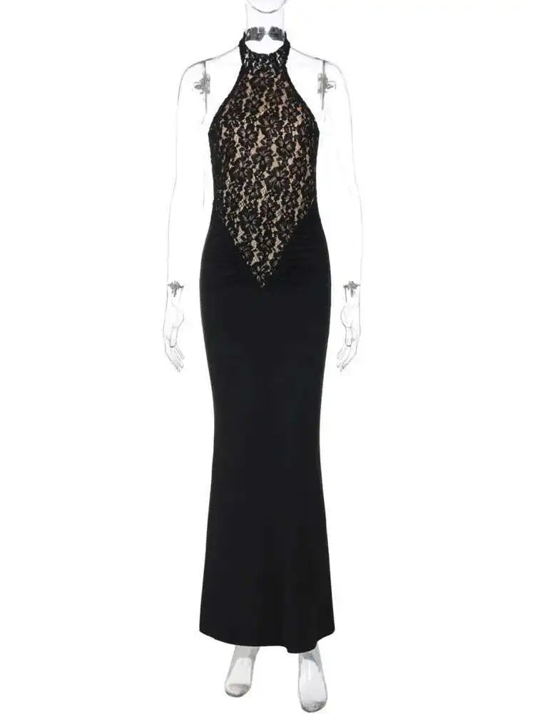 🍒Lace halter dress backless black shoulderless outfit Strapless  Bodycon maxi club party occasion wear