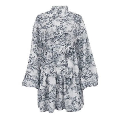 🍒Printed mini dress long sleeve clothes for hot weather o-neck outfit a line flare short china print smart casual female clothes fashion beach party wear holiday wear  Drink Cocktails In Your China