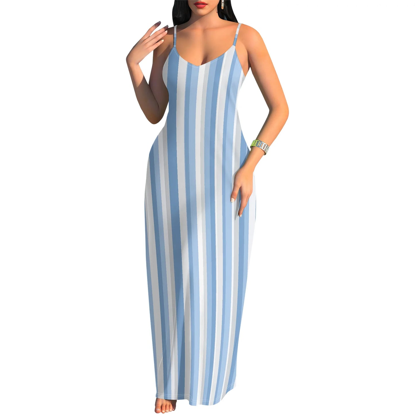 🍒Striped spaghetti strap maxi dress for holiday watercolor green & white pattern summer beach clothes for women plus size clothing S-3XL Five Stripes And Your Out-fitted