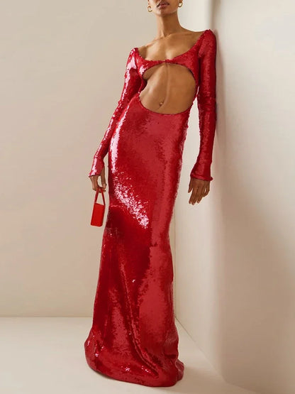 🍒Long sleeve sequins maxi dress women cutout backless long sleeve outfit for women sparkly shiny celebrity evening wear occasion party clothing Bar-utiful