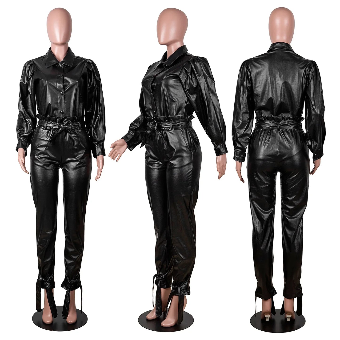 🍒Faux leather pants sets women's matching sets cool pu baggy trousers and matching v-neck leather top smart casual sporty Y2k set two piece womens outifits party wear occasion fashion black set Love Lustre Leather
