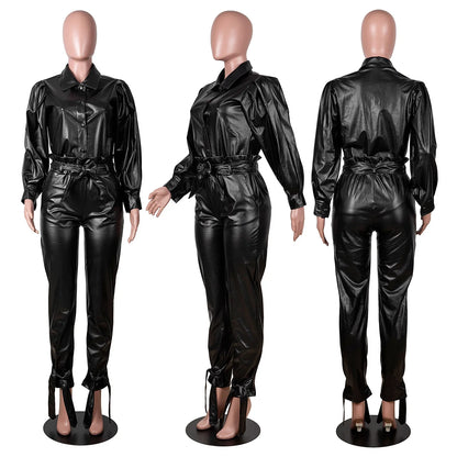 🍒Faux leather pants sets women's matching sets cool pu baggy trousers and matching v-neck leather top smart casual sporty Y2k set two piece womens outifits party wear occasion fashion black set Love Lustre Leather