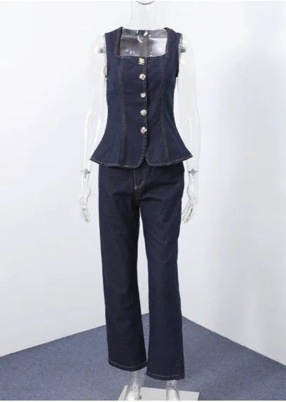 🍒Two piece sets for women piece Sets mom Jeans sleeveless denim tops and jean set long pants high waist Y2k style fashion elegant work clothing all match Get This Single Breast Double Denim And You Will Be Triple Excited