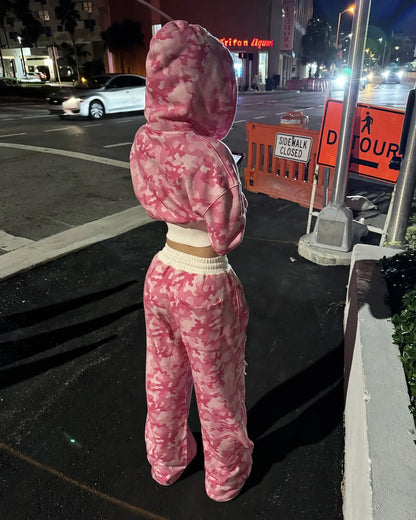 🍒Pink two piece sportswear camo short hoodie for women y2k fashion wear camo top plus matching camo sports pants set Fight For Your Pink Camo