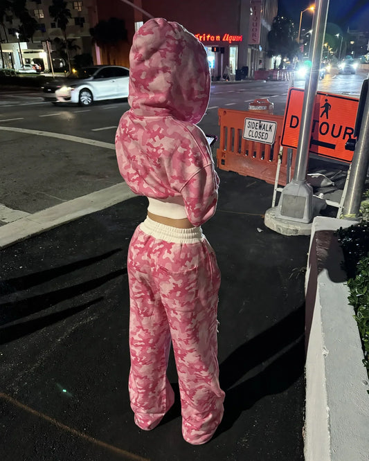 🍒Pink two piece sportswear camo short hoodie for women y2k fashion wear camo top plus matching camo sports pants set Fight For Your Pink Camo