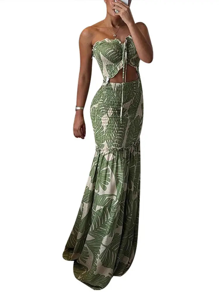 🍒Womens printed long dress ruched backless sleeveless summer outfit ruffle dresses party vacation wear   BRA-vo To FLOOR-al Beauty