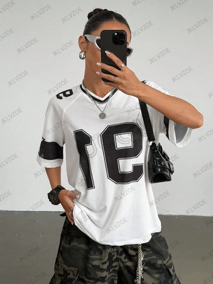 🍒Summer print t-shirt v-neck patchwork short sleeve sports top for women football Jersey y2k loose oversized tops  have a BALL with BASEic-ies