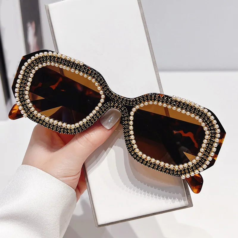 🍒Diamond square sunglasses with pearls women fashion luxury rhinestone trendy shades for women female sun shades polygon eyewear for women uv 400 protection Have Your Say In A Pearly Cool Way