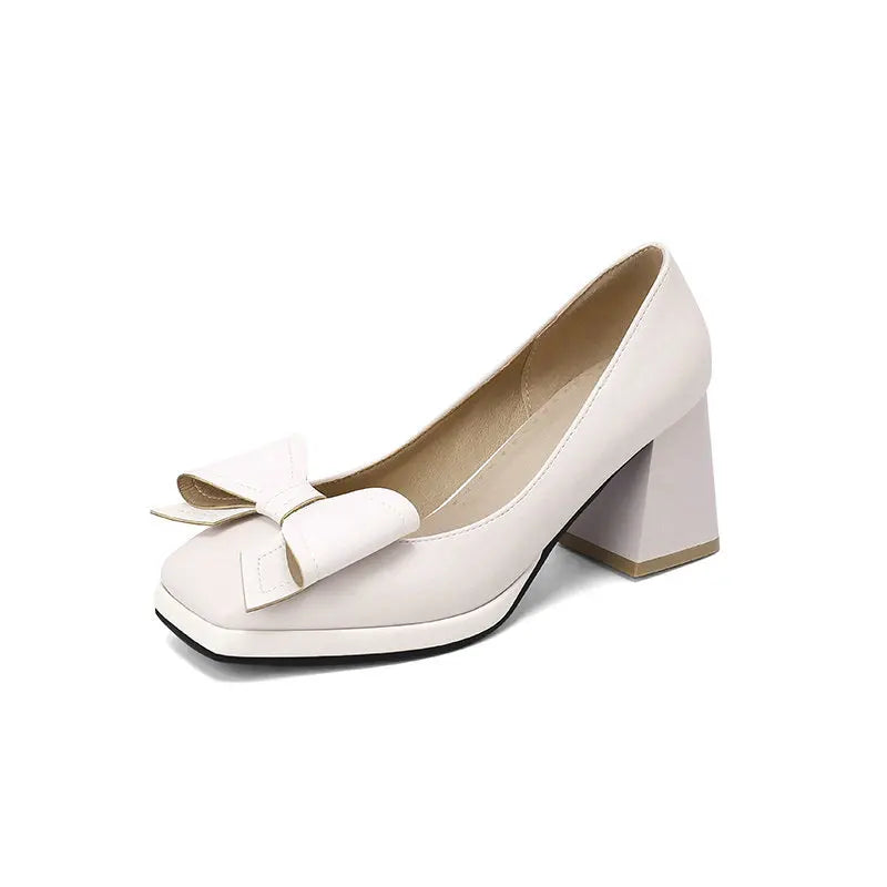🍒Bow-tie heels women elegant shoes medium block heel pumps office wedding party shoes for occasions
