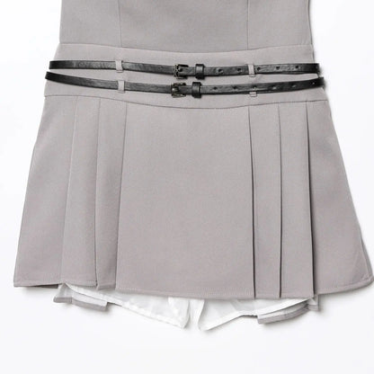 🍒Women's pleated mini dress backless square neck design with belts spaghetti straps low waist solid colour summer chic clothes party occasion wear Bag A Bargin Backless