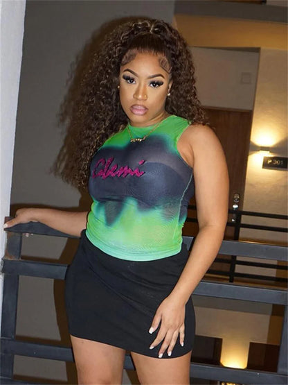 🍒Tie dye sleeveless top mesh see through crop top women party vest hot club wear Y2K Slim Clothing Get Your Greens