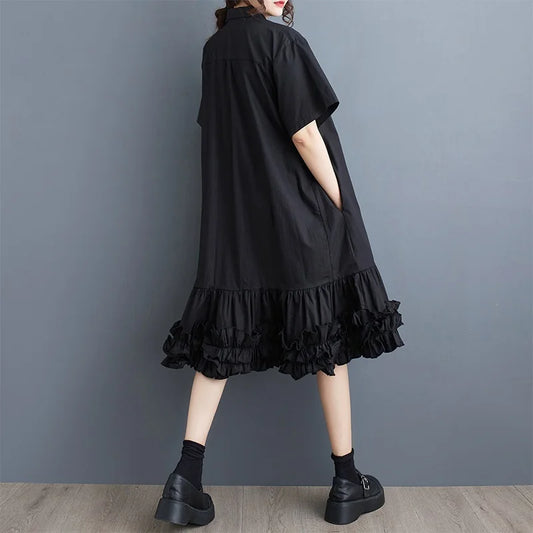 🍒Short sleeve oversized dress black cotton outfits for women casual summer wear loose long shirt dress smart casual clothing Short On Ruffles...Get This Short Ruffle