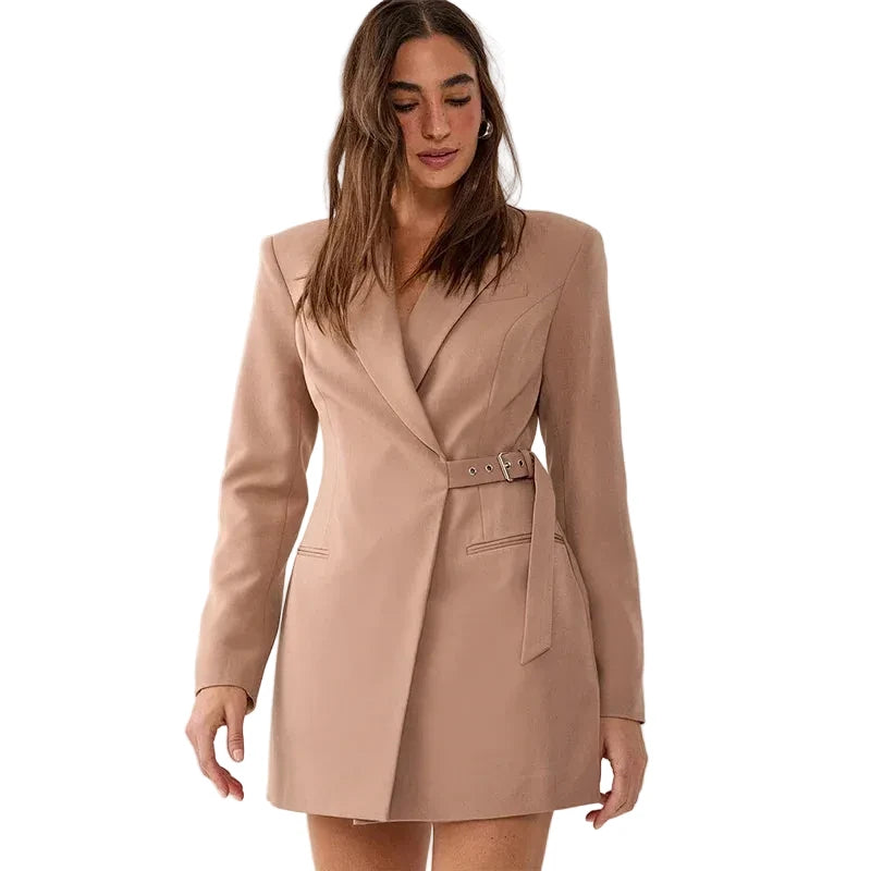🍒Collar blazer dress womens dress with belt urban Waist-fit side belt design chic clothing for women pocket full sleeve solid dresses  Nip Fit Slick Chic
