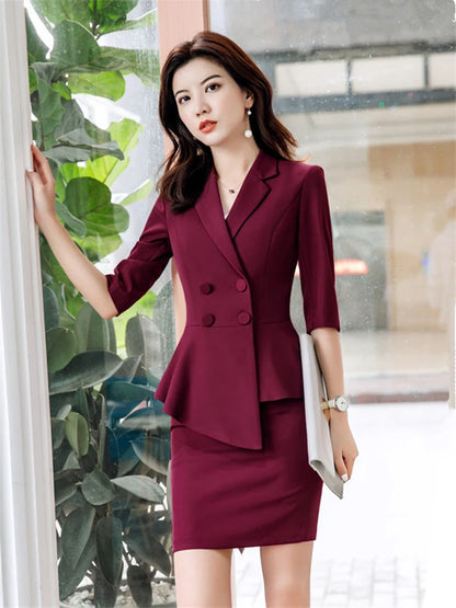🍒Red 2 piece womens suit fashion skirt set business wear office workwear light blazers for women half sleeve top and mini skirt Berry Beautiful