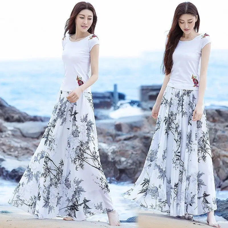 🍒 Floral summer skirts for women print female fashion wear high waist skirt outfit elegant a- line boho maxi smart casual clothes    A -line Of Pretty Florals