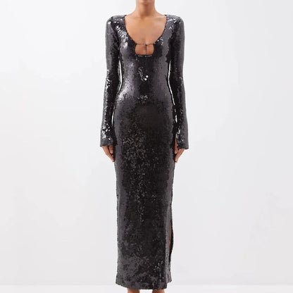 🍒V Neck sequin maxi dress long sleeve sequin bodycon celebrity night gown womens party outfit Be The Jewel In Your Own Crown
