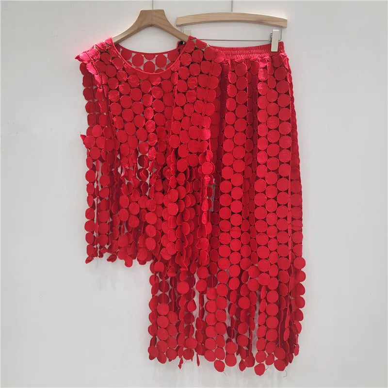 🍒Summer two-pieces set loose  lace vest and high waist elastic skirt smart casual women female occasion wear party outfit Get A Lot Dot