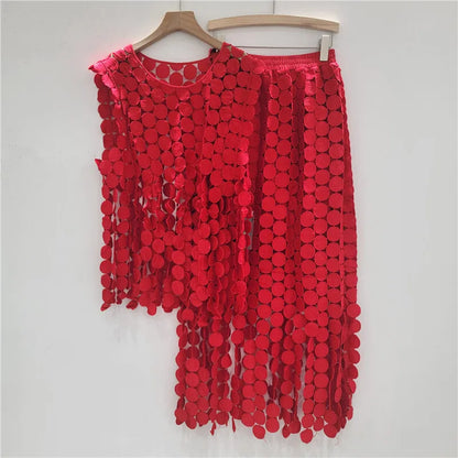 🍒Summer two-pieces set loose  lace vest and high waist elastic skirt smart casual women female occasion wear party outfit Get A Lot Dot