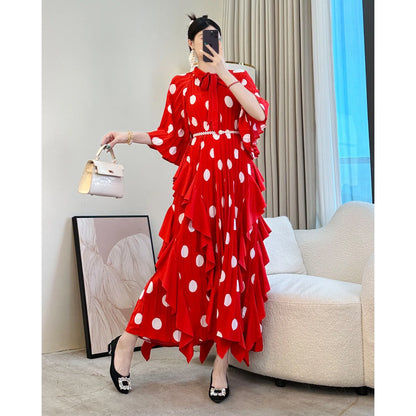 🍒 Dress with polka dots simple pleats and ruffled edges summer outfit looks long loose fit smart primted casual wear loose Fit clothing and Slimming Effect  party occasion clothing Lucky You Spotted this Spot