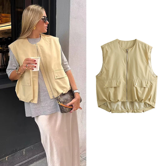 🍒Cargo style vest oversized light jacket o neck spring zipper pocket waistcoat female fashion crop top Y2K casual clothes Spring To This Zipper
