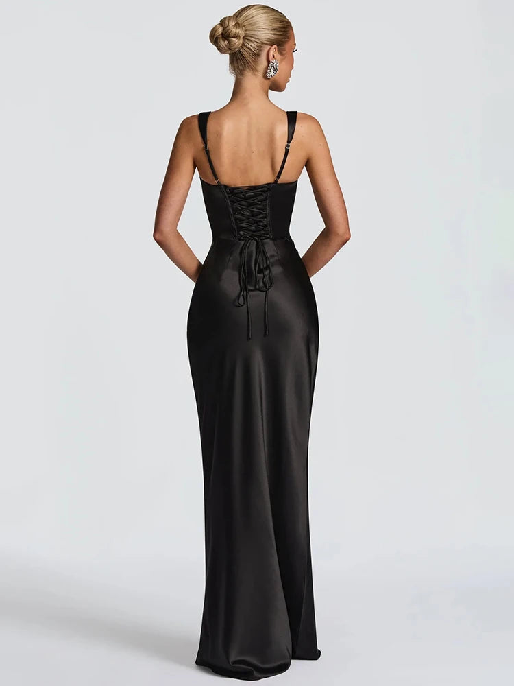 🍒Satin backless sleeveless long dress satin maxi outfits for women spaghetti straps lace-up back bodycon club wear party occasion clothing  Kool kiwi