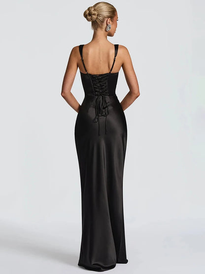 🍒Satin backless sleeveless long dress satin maxi outfits for women spaghetti straps lace-up back bodycon club wear party occasion clothing  Kool kiwi