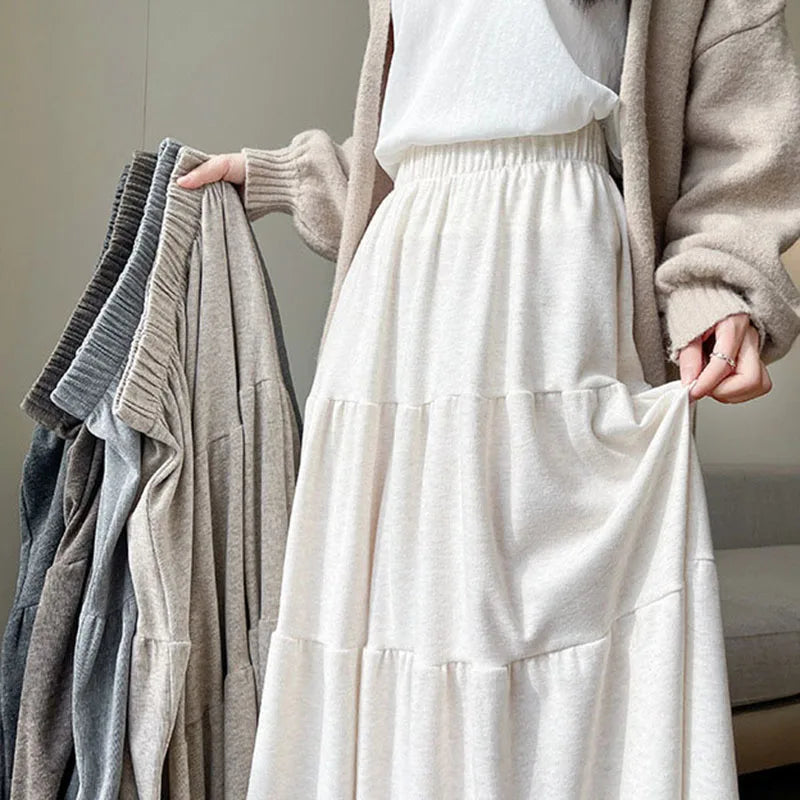 🍒Women's knitted skirts high waisted long loose soft a-line fashion tiered midi skirt outfit casual preppy style clothing  Ease Into Jersey
