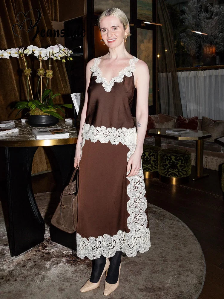 🍒 Lace camisole top and maxi skirt set women patchwork sleeveless backless tops and long loose skirts sets female summer fashion occasion party wear clothing smart casual women Lady Lace