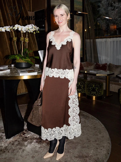 🍒 Lace camisole top and maxi skirt set women patchwork sleeveless backless tops and long loose skirts sets female summer fashion occasion party wear clothing smart casual women Lady Lace