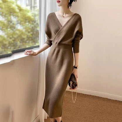 🍒V-neck knit dress criss cross elasticated waist batwing sleeve outfit slim fit elegant autumn winter fashion smart casual wear women Jump Into Knits