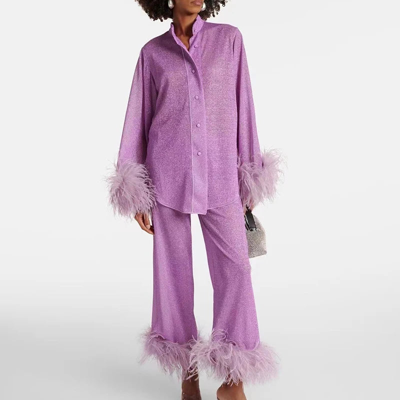 🍒Women's stand collar long sleeve blouse and pant set suit with feather trim elegant glitter button up shirt and trousers solid outfits autumn fashion party set occasion wear Tuck Turkey In Your Trolly Totally