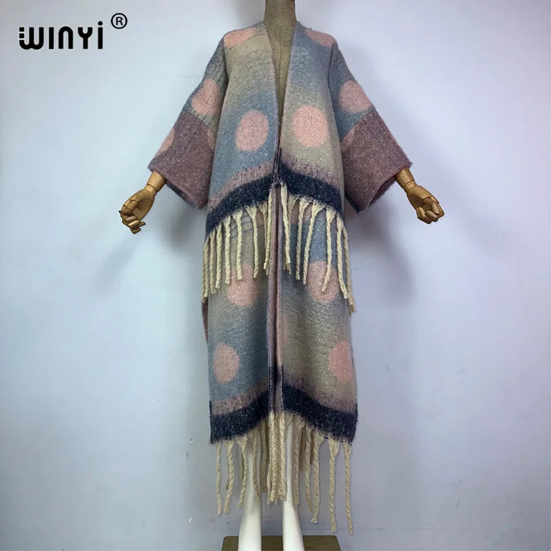 🍒winter coat for women fashion print long outdoor cardigan with  tassels luxury knitted overcoat thick europe warm long knit jacket cardigan Hot Spot