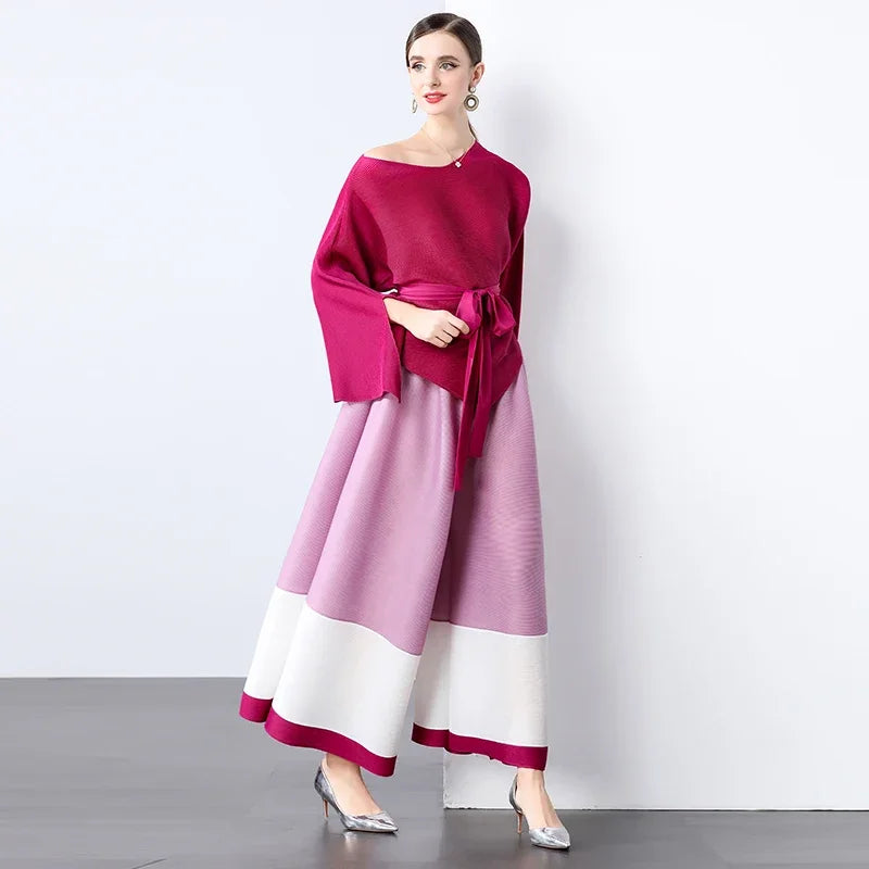 🍒Fashion two-piece sets Loose Irregular hem top pleated patchwork top with belt and  wide-Leg matching pants Your Mouth Will Be Wide Open When You Receive This Cherry  please note some colours are not matched to colour just order as you see what you like