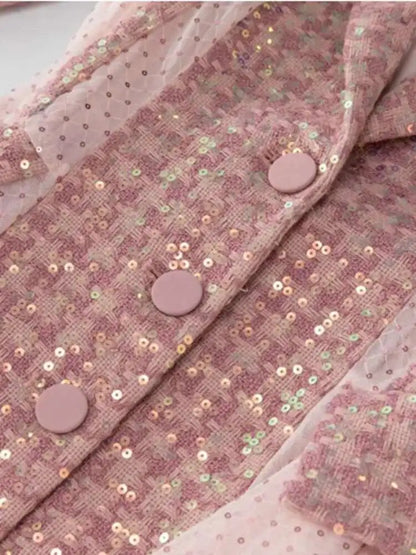 🍒Sequin trench coat design with mesh long sleeve coat with belt for women special occasion outerwear with fitted waist single breasted fashion feminine outdoor clothing