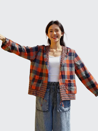 🍒Plaid pocket hood jacket top shirts check blouses spring summer fashion casual wear women check clothing outdoor style cheeky chic check
