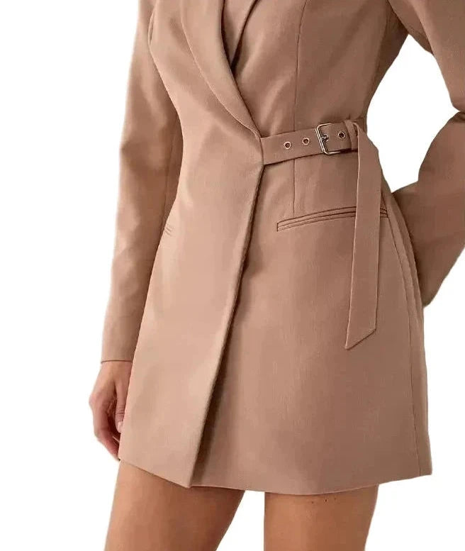 🍒Collar blazer dress womens dress with belt urban Waist-fit side belt design chic clothing for women pocket full sleeve solid dresses  Nip Fit Slick Chic