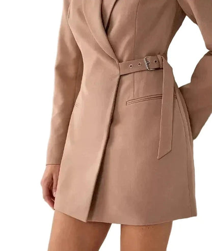 🍒Collar blazer dress womens dress with belt urban Waist-fit side belt design chic clothing for women pocket full sleeve solid dresses  Nip Fit Slick Chic