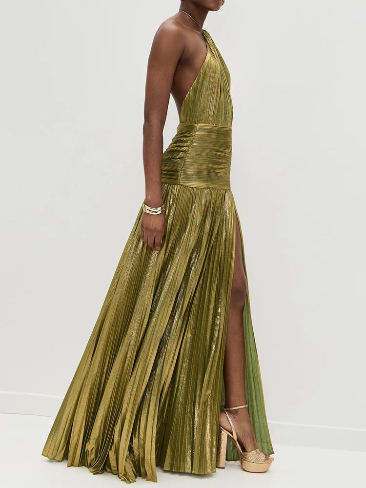 🍒Backless solid evening dress holiday party outfits halter elegant pleated maxi dress high street ladies fashion party occasion wear