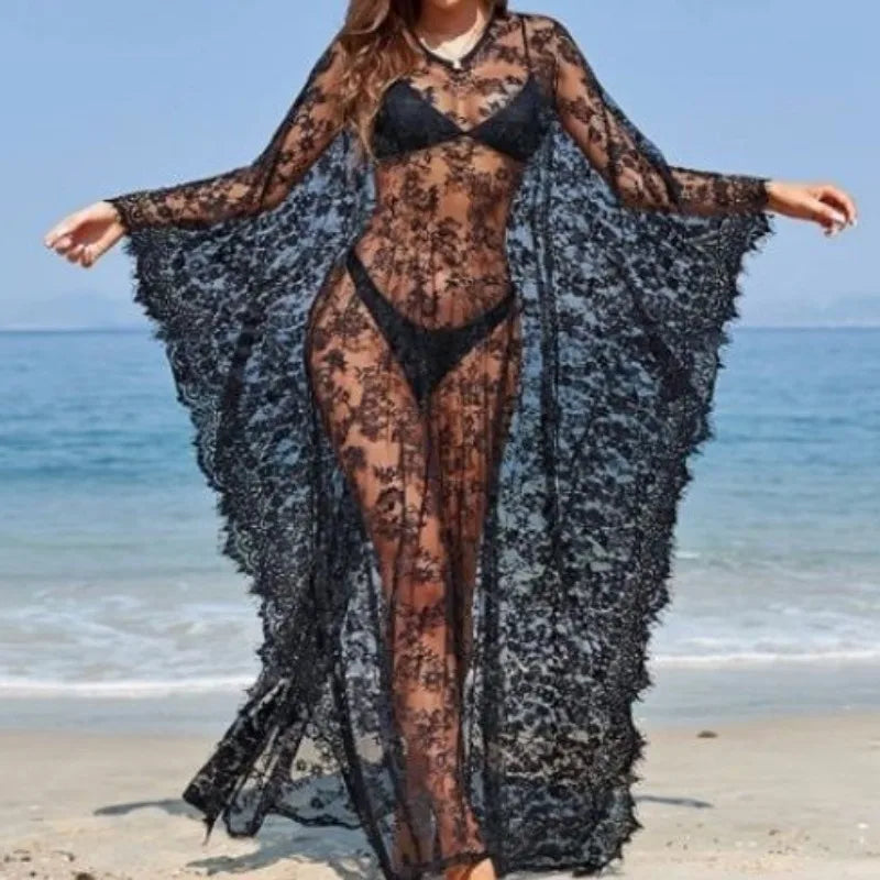 🍒Lace beach cover up robe Beachwear swim dress holiday outfits women black white swimsuit see-through beach wear Net This Lace