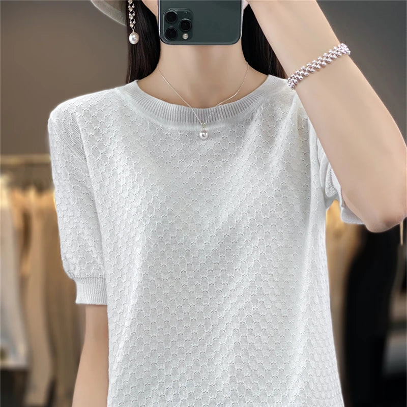 🍒Womens textured t-shirt summer cotton tops short sleeve solid colour tee round neck loose blouse casual clothing