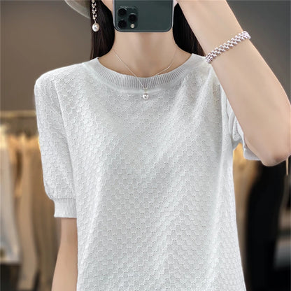 🍒Womens textured t-shirt summer cotton tops short sleeve solid colour tee round neck loose blouse casual clothing