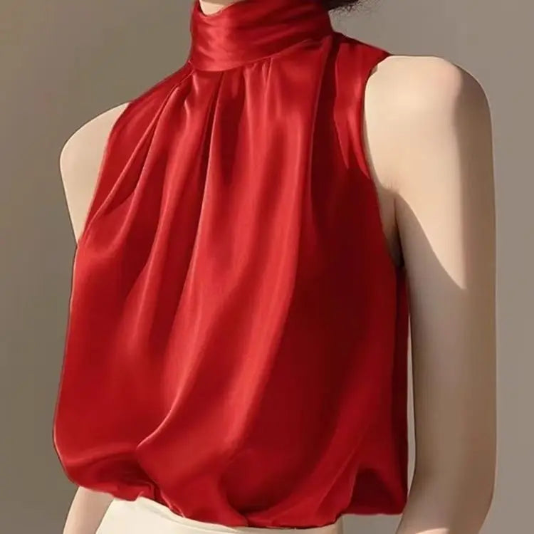 🍒Sleeveless turtle neck top sleeveless blouse womens Summer wear fashion pleated All-match over head camis Blue Blousey Beauty