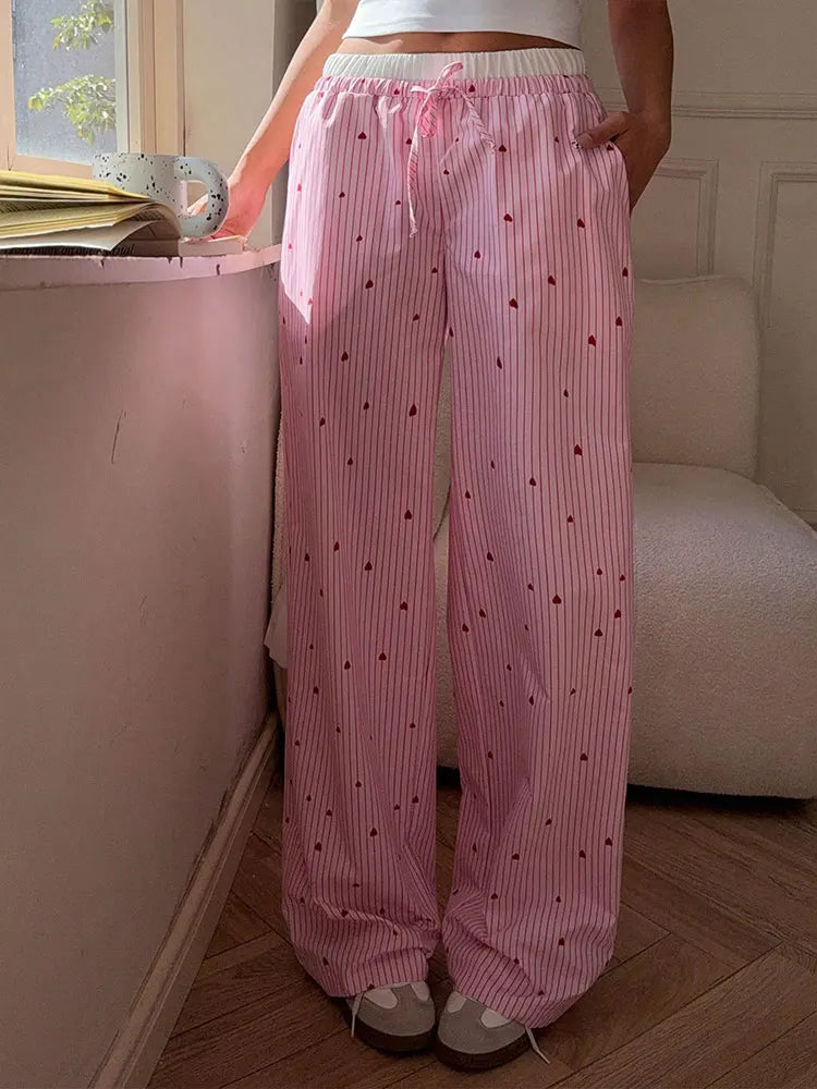 🍒Women's striped summer trousers streetwear fashion love heart print ladies pants tie waist casual trousers pink sweet Female fashion clothing Cool Out In Cotton candy