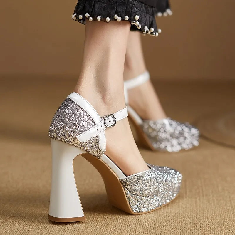 🍒Womens pointed toe platform shoes glitter heels silver banquet wedding shoes thick heels pumps ankle strap footwear Cute Form Platform