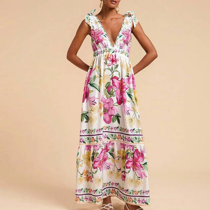 🍒Print sleeveless outfit swing dress v-neck women maxi high waist fashion holidays summer wear beach wear Shore Thang