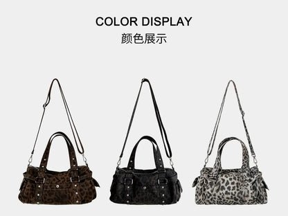 🍒Vintage leopard handbag rivet bag motorcycle barrel shaped crossbody bag boston casual female shoulder fashion totes  Jump On This Animal Its Barrels Of Fun