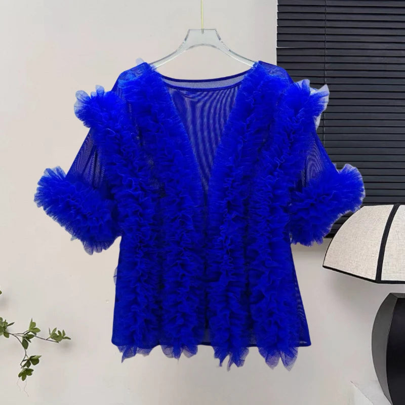 🍒 Mesh ruffle blouse solid color spring summer shirts women elegant fancy occasion tops sweet party fashion vintage clothing v- neck Fluff up In A Ruffy Fluffy